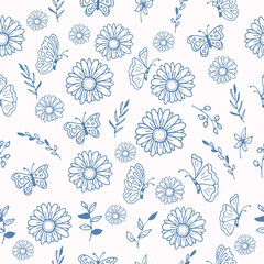 cute butterfly with flower and leaf illustration isolated on white background. blue outline, hand drawn vector. seamless pattern with garden. doodle art for wallpaper, wrapping paper and gift, fabric.