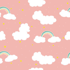 Obraz premium cute cloud with rainbow illustration on pink background. seamless pattern with cloud, hand drawn vector. doodle art for kids fashion, wallpaper, wrapping paper and gift, backdrop. fluffy cloud, stars.