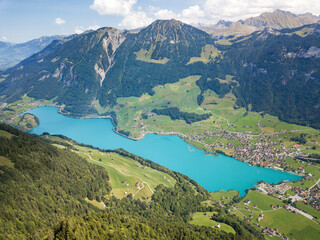 Aerial image of Lake Lungern Valley vewi from Turren peaks in the Swiss Alps, Switzerland