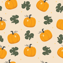 Pumpkin seamless pattern, hand drawing yellow and orange pumpkin on cream color background, vector illustration.