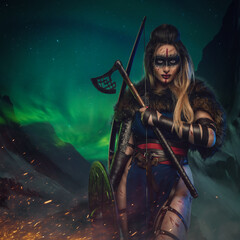 Artwork of antique nordic warrior woman with strup back longbow holding shield and axe. - obrazy, fototapety, plakaty