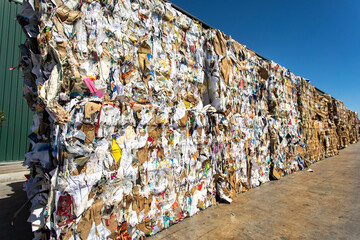 Bales of trash and cardboard at a dump