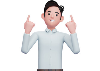 businessman in blue shirt raises both index fingers and looks up, 3d illustration of a businessman in a blue shirt pointing up