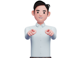 portrait of a businessman in a blue shirt pointing to the camera with both hand, 3d illustration of a businessman in a blue shirt pointing