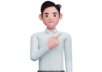 Close up of confident businessman in blue shirt pointing to the top right, businessman in blue shirt pointing illustration