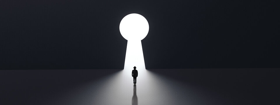 Silhouette of man against giant keyhole door. Key to everything concept, 3d render, panoramic image
