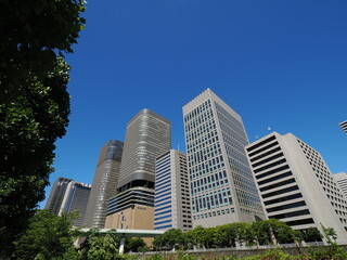 青空と大阪中之島ビル群の風景