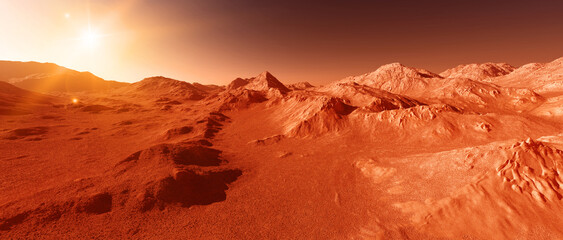 Mars planet landscape, 3d render of imaginary mars planet terrain, orange eroded desert with mountains glaring and sun, science fiction mars illustration.