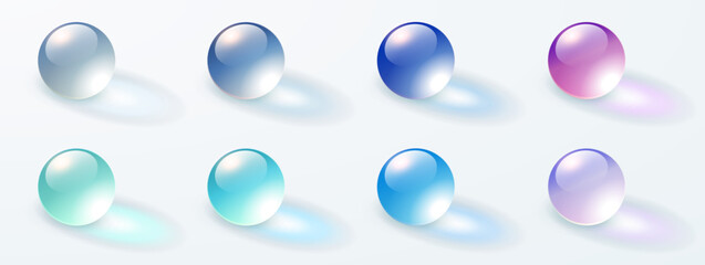Glass transparent spheres set, multicolored shiny 3D balls