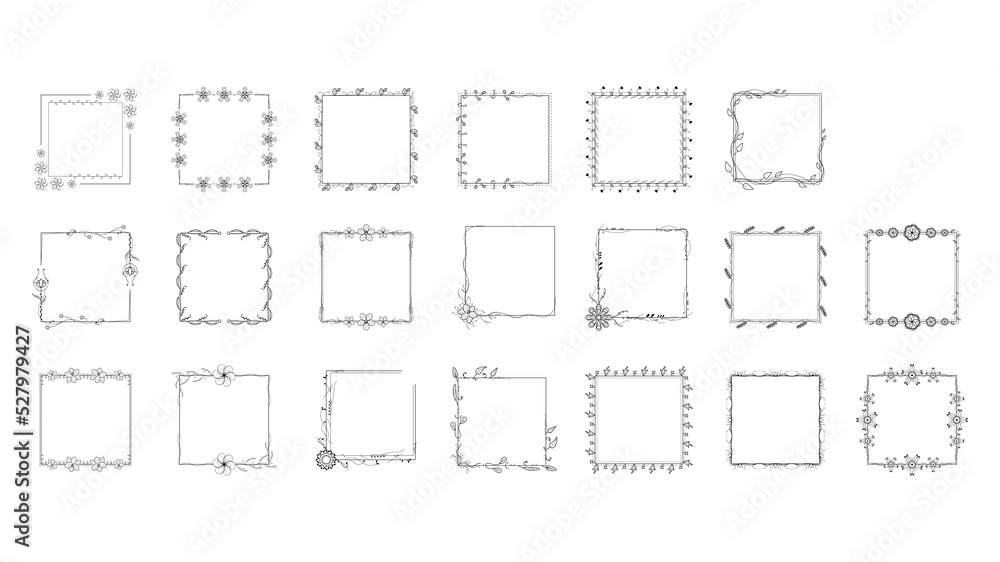 Poster set black simple line frame collection doodle square floral frame elements vector design style sketc