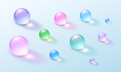 Glass transparent spheres set, multicolored shiny 3D balls with shadows, vector illustration.