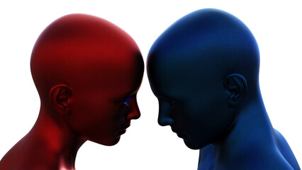 3d render. Portrait of blue bald man and red bald woman on white background. 
