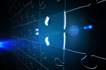Naklejka premium Blue glowing jigsaw piece on puzzle