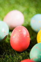 Various Easter eggs on grass