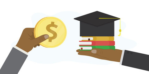 Buyer gives golden coin and pays for education. Payment of tuition fees. Hand holds graduation hat and textbooks. Purchase online courses, tutorials. Investment in education.