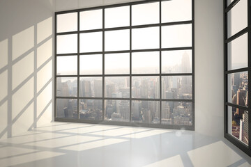 Room with large window showing city