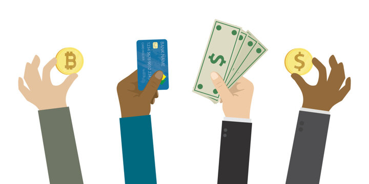 People's hands hold different payment options. Banknotes, coin, plastic card and cryptocurrency. Cash and non-cash money. Payment for goods and services. Bitcoin and traditional money.