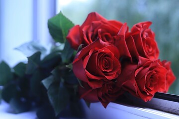 bouquet of red roses on a green background of an open window. copy space.