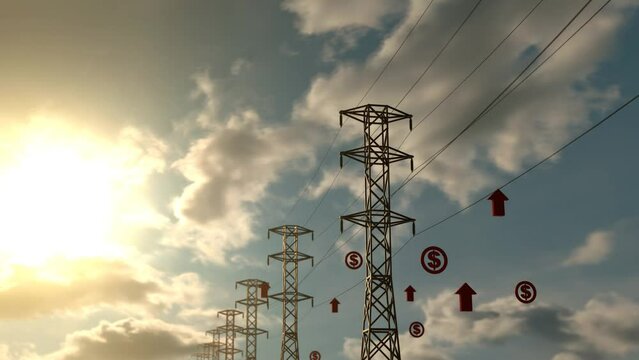 Rising electricity prices 3d render animation. High energy price and electricity crisis concept animation. 