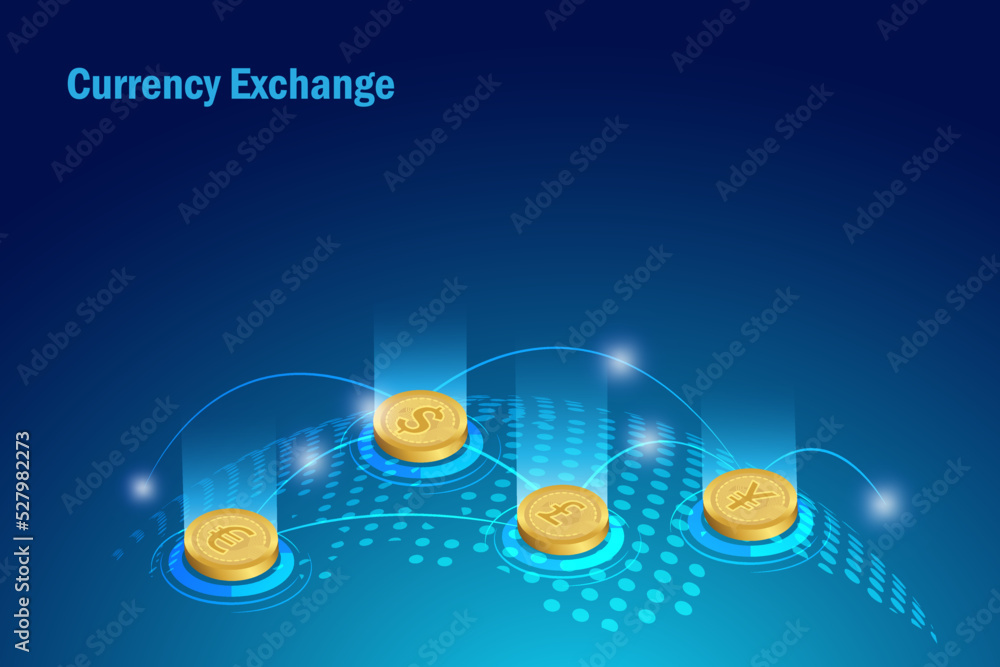 Poster global currency exchange. foreign currency on globe with network connecting digital finance and bank