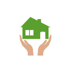 Fototapeta na wymiar Hand holding house icon flat sign for mobile concept and web design