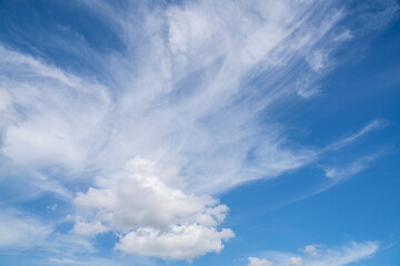 The blue sky and white clouds float in the sky on a clear day with warm sunlight. Combined with the...