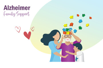 Dementia Alzheimer diseases, memory and brain loss with family support. Elderly man lost his brain jigsaw puzzle memories with family support. World Alzheimer day, Parkinson disease and mental health.