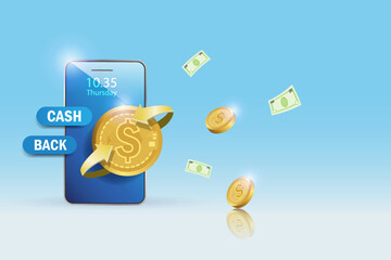Gold coin money cash back sign, money roll back on smartphone. Online advertising design for commercial promotion campaign, financial marketing for web banner, template.