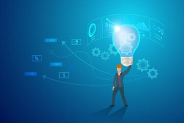Business achievement, creativity idea and innovative concept. Businessman hold creative lightbulb on growth graph for success business solutions.