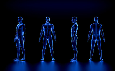 Technological human hologram of a male mannequin standing standing in straight t -pose - 3d anatomy artificial intelligence illustration