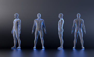 Technological human hologram of a male mannequin standing standing in straight t -pose - 3d anatomy artificial intelligence illustration - obrazy, fototapety, plakaty