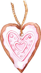 Watercolor pink heart shaped ginger biscuit isolated