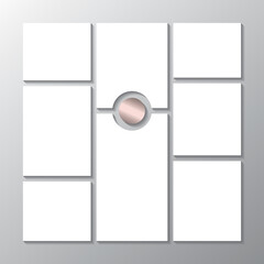 Templates collage frames, photos, parts pictures, illustrations. Vector frame branding presentation. Modern minimalistic board mockup with golden gradient shape.