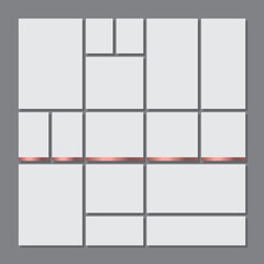 Templates collage frames, photos, parts pictures, illustrations. Vector frame branding presentation. Modern minimalistic board mockup with golden gradient shape.