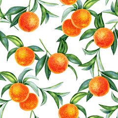 Fototapeta na wymiar Oranges watercolor seamless pattern. Hand drawn illustration of citrus ripe fruits and leaves on branches. Endless tropical background. For fabric and wallpaper.