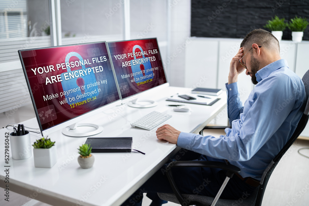 Poster ransomware malware attack. business computer hacked