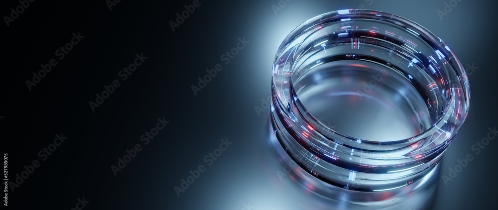 Poster 3d rendering of abstract glass glossy ring shape with binary digital circuit led glowing light. for 