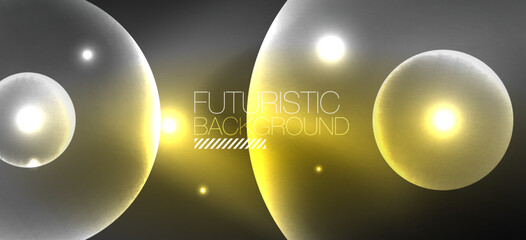 Shiny neon geometric abstract background. Glowing lights on round shapes, triangles and circles. Wallpaper for concept of AI technology, blockchain, communication, 5G, science, business