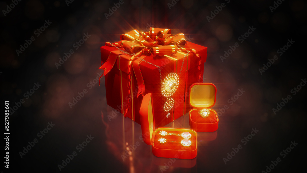 Poster bijouterie gift with ring, shackles, necklace with diamonds with empty space on festive backdrop, fi