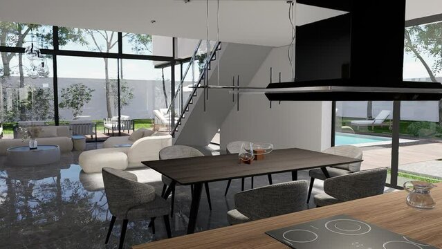 Interior of a modern living room in a house 3D animation.
