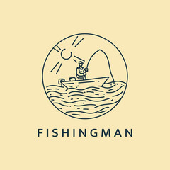 Minimalist fishing man logo line art illustration template design with circle