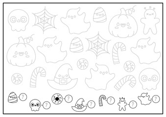 Halloween tracing worksheet with traditional holiday characters. Trace and count activity. Educational math, spy and drawing game. Autumn holiday coloring page with ghost, pumpkin, skull.
