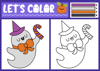 Halloween coloring page for children with cute kawaii ghost, candy cane. Vector autumn holiday outline illustration. Color book for kids with colored example. Drawing skills printable worksheet.