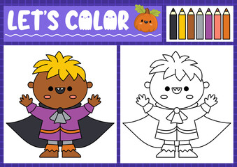 Fototapeta na wymiar Halloween coloring page for children with cute kawaii vampire boy. Vector autumn holiday outline illustration. Color book for kids with colored example. Drawing skills printable worksheet.