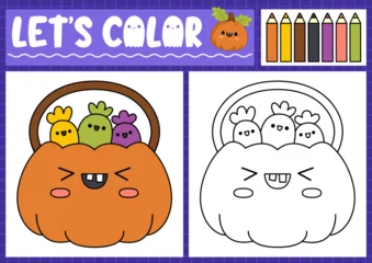Fotobehang Halloween coloring page for children with cute kawaii pumpkin, sweets. Vector autumn holiday outline illustration. Color book for kids with colored example. Drawing skills printable worksheet. © Lexi Claus