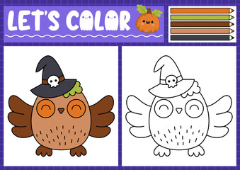 Halloween coloring page for children with cute kawaii owl. Vector autumn holiday outline illustration. Color book for kids with colored example. Drawing skills printable worksheet.
