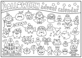 Vector black and white Halloween advent calendar with cute kawaii characters. Cute autumn all saints day coloring planner or maze for kids. Scary trick or treat poster design.