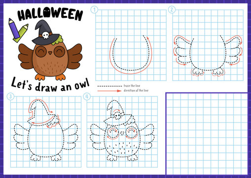 Halloween step by step drawing worksheet. How to draw an owl. Complete the picture by example activity. Vector autumn holiday writing practice worksheet. Printable coloring page.