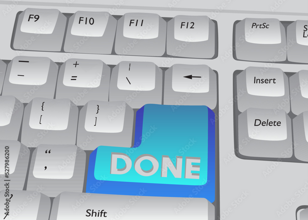 Poster computer keyboard with done text. close-up of an electronic computer device part, keypad.