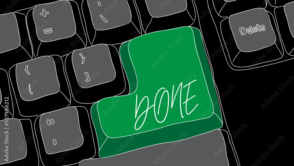 Poster computer keyboard with done text. close-up of an electronic computer device part, keypad.